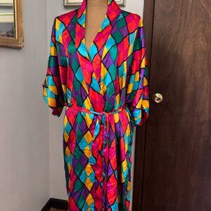 Dramatic Vintage 1980s Beth Michaels Jewel Tone Harlequin Silk Robe / Kimono